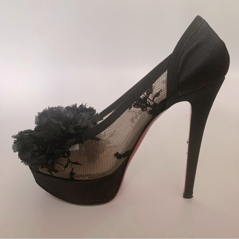 Christian Louboutin Black Satin Lace Heels